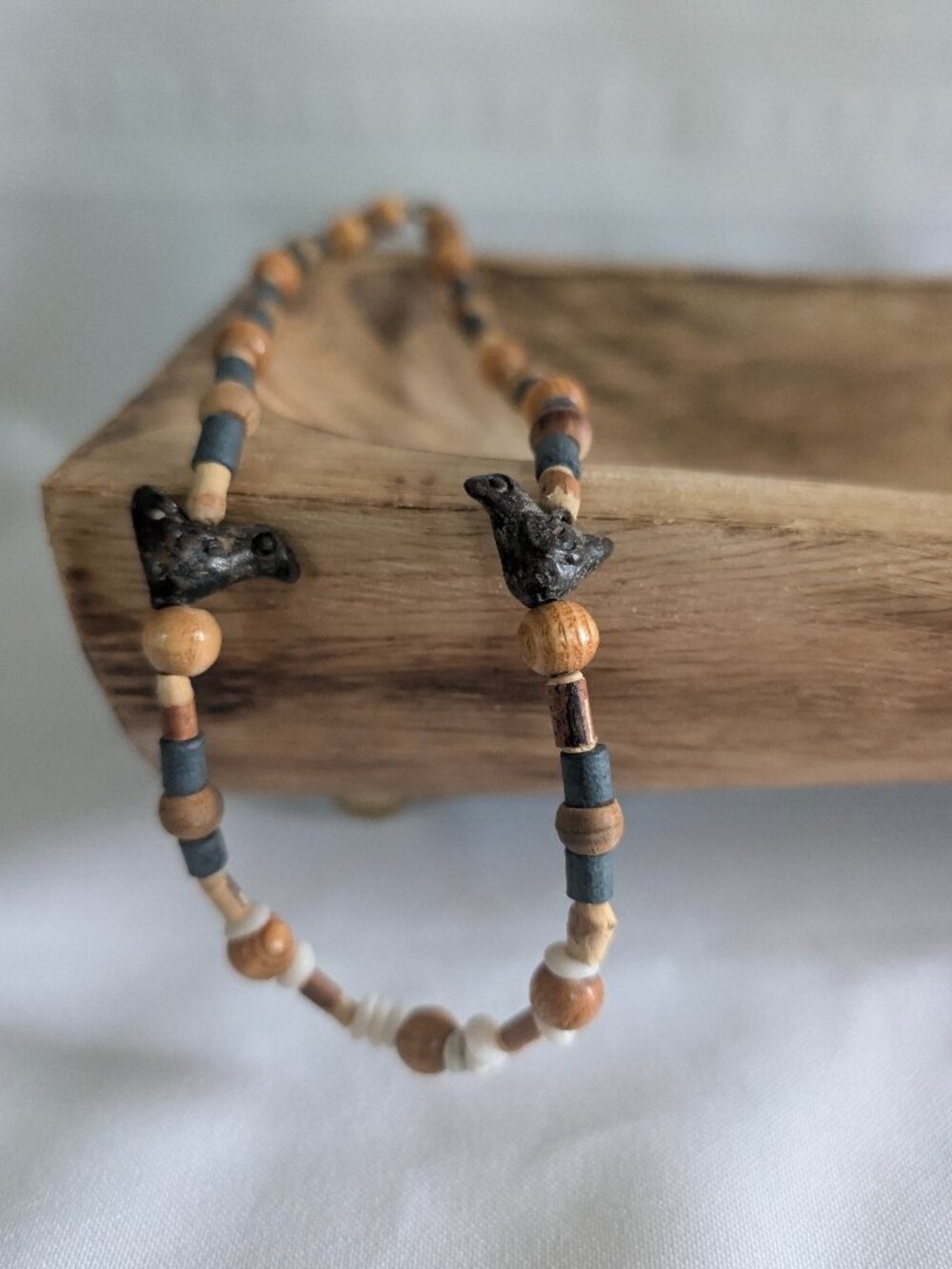 Vintage Bohemian Tribal Hand Carved Black Bird Wooden Shell Clay Beads Necklace